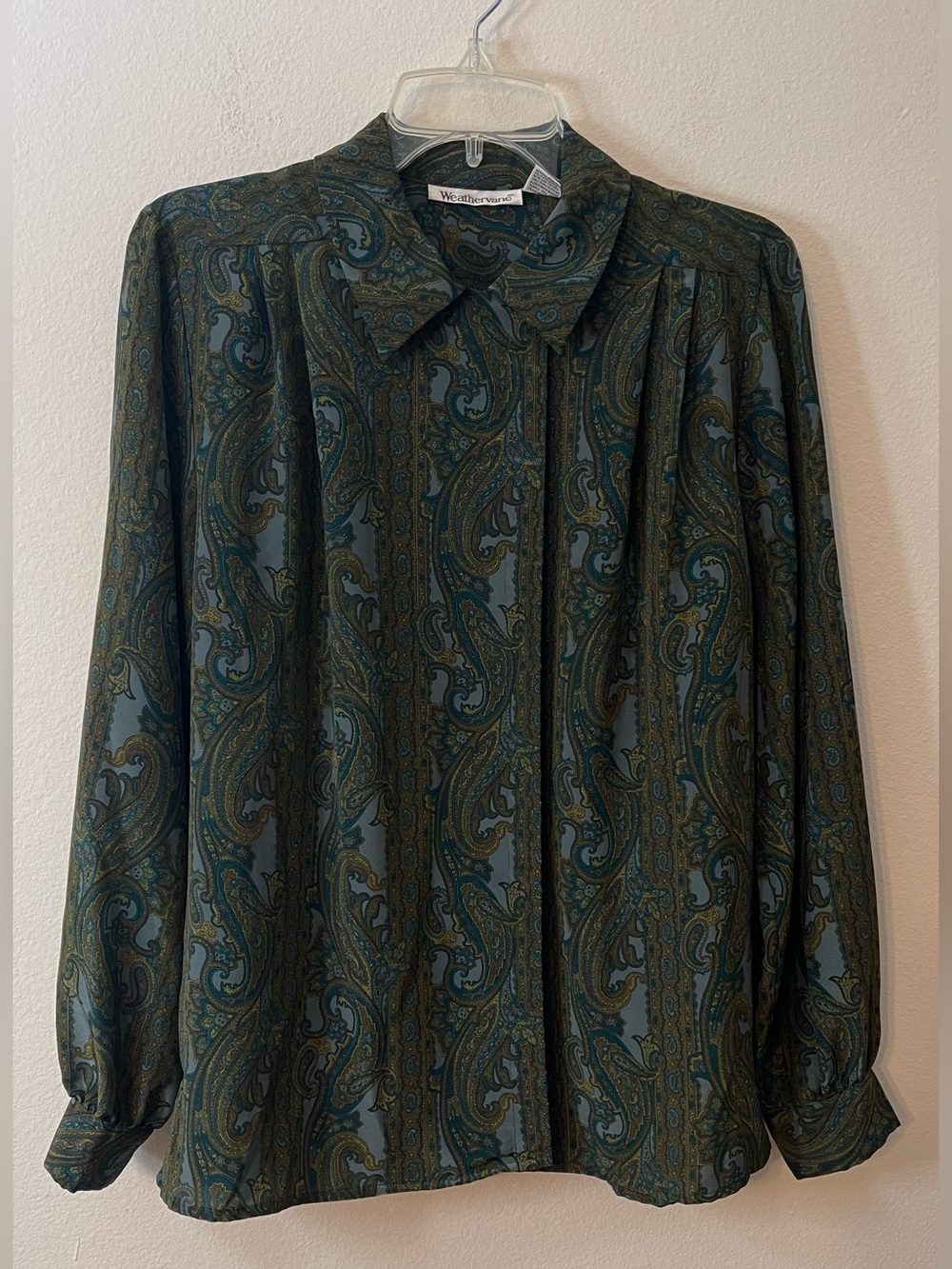 Vintage Weathervane Paisley Long Sleeve Blouse w/Tie Teal/Olive/Gold